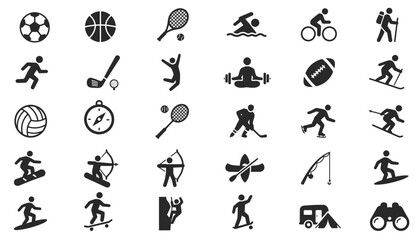 Fototapeta premium Icon set featuring sports, exercise, and outdoor activities in a solid black silhouette style.