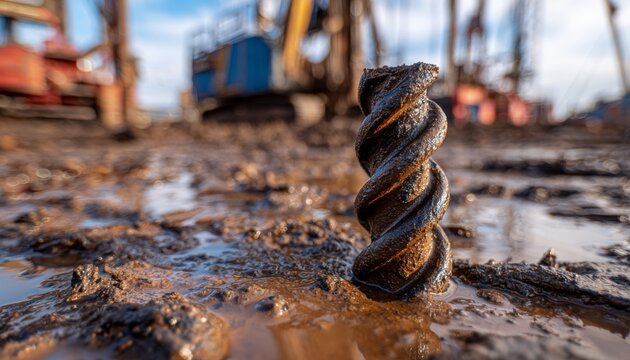Close-up image of a rusty drill bit standing in muddy ground surrounded by construction machinery at a worksite