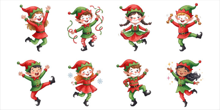 Set of cute watercolor christmas elves dancing around a decorated christmas tree in vector eps format