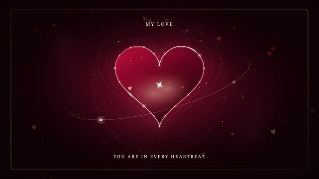 Elegant glowing ruby heart loop animation with orbital lines and romantic text. Dark red romantic background with pulsating neon heart