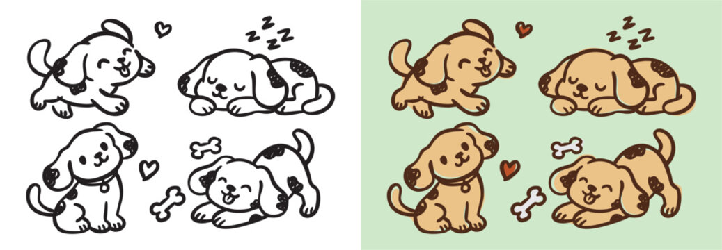 Cute hand drawn puppy doodle set with playful poses and simple design