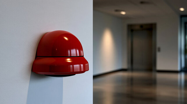 Elegant photo of A shiny red emergency alarm bell is mounted on a white wall in a modern building hallway. This image represents safety, security, and fire protection systems.