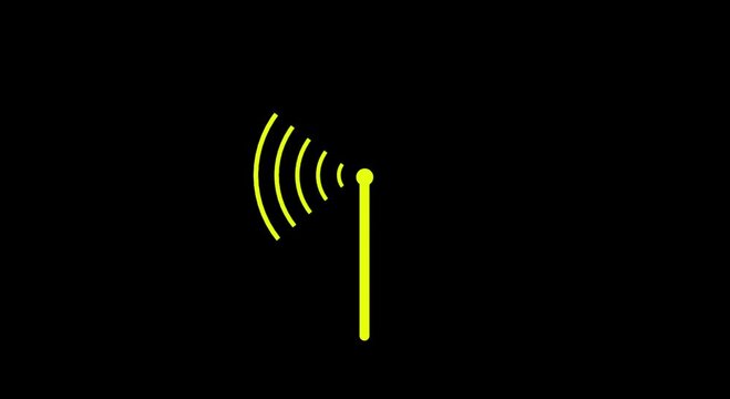 Abstract digital radio waves spreading. animation of signal wave transmitter WIFI connection. motion graphics WIFI wireless internet network net connection icon on black  background,,,