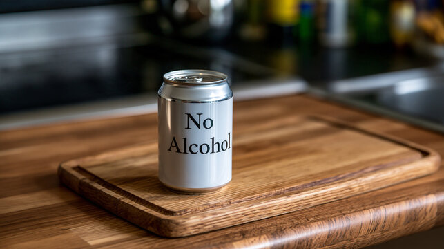Elegant photo of A non-alcoholic beverage can sits on a wooden cutting board in a kitchen. Perfect for sobriety campaigns and healthy lifestyle promotion.