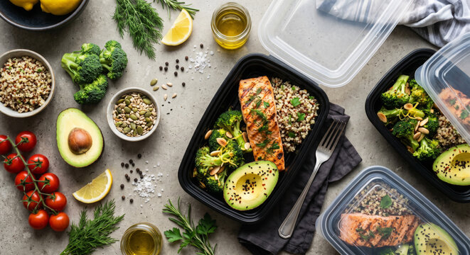 Meal prep containers filled with grilled salmon, steamed broccoli, and avocado for healthy fitness diet