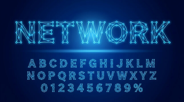 Futuristic digital network alphabet font, designed with interconnected grid lines resembling modern circuit diagrams