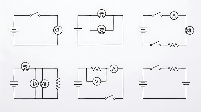 Set of basic electrical circuit diagrams illustrating physics and electronic energy principles