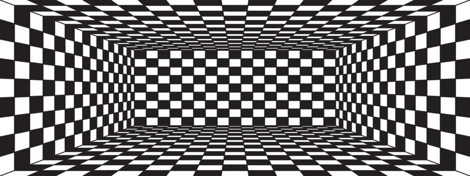 Black and white checkered perspective box room. Abstract 3D checkerboard wireframe tunnel background. Hypnotic chess pattern template for poster.