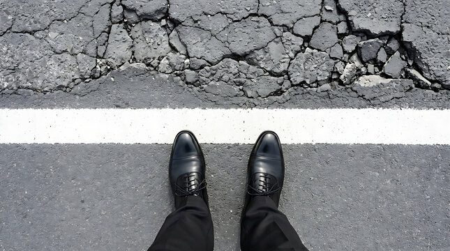 Feet standing at white line on cracked road pavement representing crossroads and difficult choices