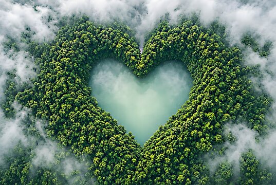 Heart shaped forest patch surrounded by white mist with heart shape