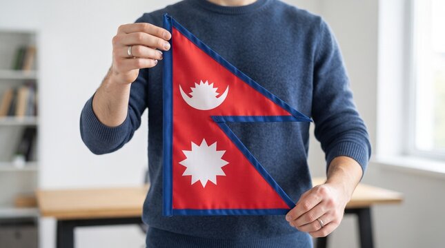 National flag of Nepal concept photo. Man in a blue sweater holding a red and blue triangular banner with white sun and moon symbols. Office background for international relations and patriotism