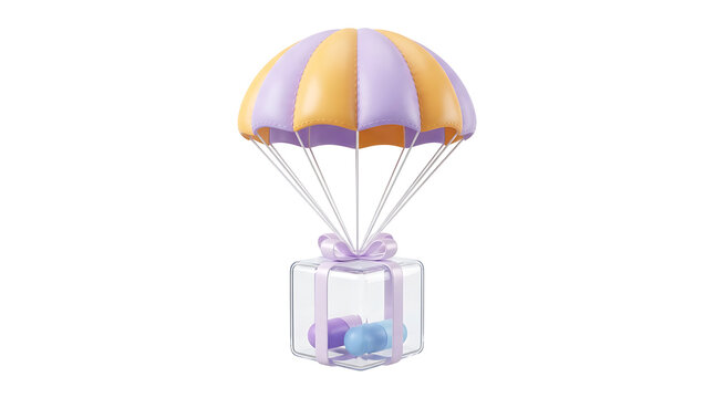 3D render of Easter gift box with colorful eggs flying with a purple and orange striped parachute