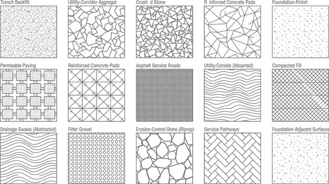 Set of architectural landscape patterns and surface texture diagrams with cross hatching