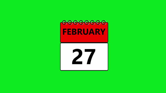 February 27th calendar page isolated on a bright chroma key green background, for easy editing, and compositing into, digital projects and presentations