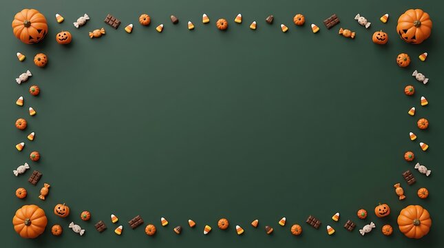 Halloween border design featuring orange and white pumpkins with various candies on a dark green background.