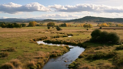 Obraz premium Scenic wetland marsh with reflective stream and open blue sky
