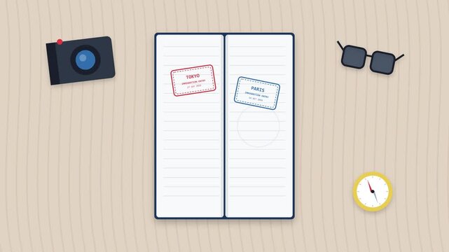 Animated passport with travel visa stamps of Tokyo, Paris, New York, and Bali appearing on pages with camera and sunglasses on desk.