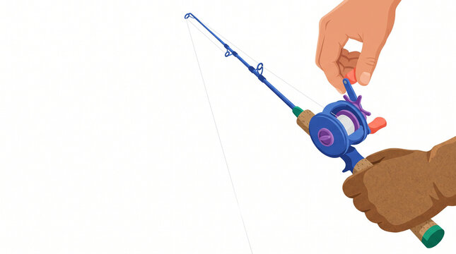 Close-up of a hand adjusting fishing rod and reel with colorful design  