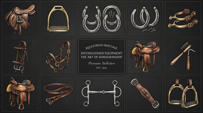 Vintage Hand-Drawn Equestrian Equipment Icons on Dark Background.