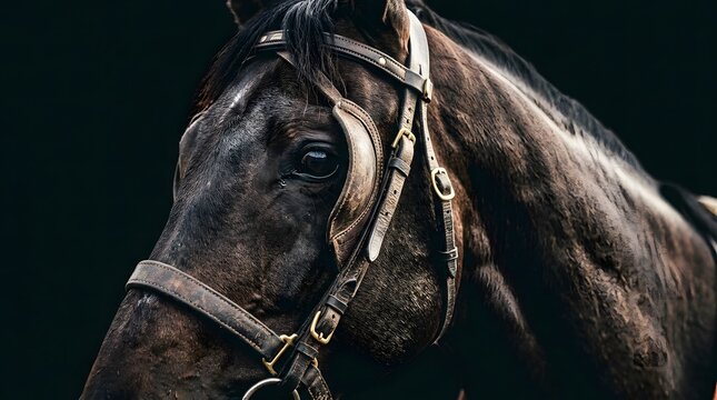 A close-up portrait of a dark horse wearing a bridle against a black background.