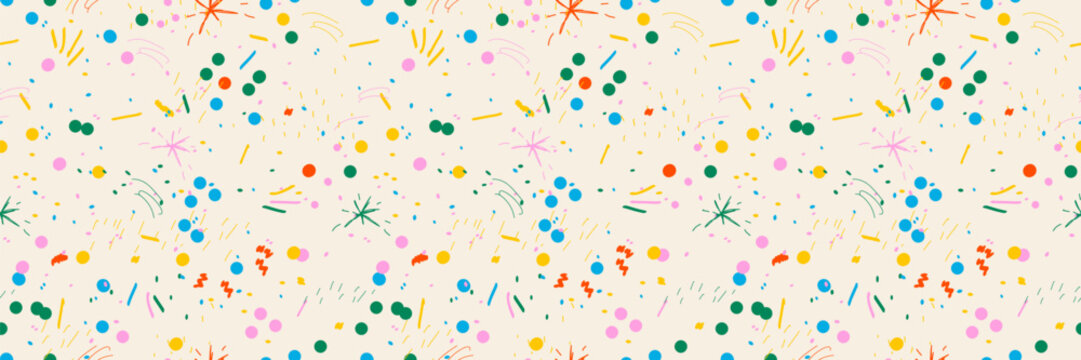 Hand drawn simple sprinkle seamless pattern. Bright color confetti, stars on white background. Vector Illustration for holiday, party, birthday, invitation