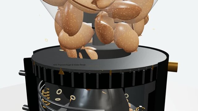3D animation of a conical burr coffee grinder internals demonstrating the tri-stage milling geometry and zero-retention grinding process with coffee beans being crushed into grounds