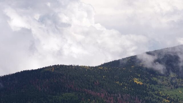 Aerial of forested mountain ridge with mist and clouds rolling over the trees in Carson National Forest near Las Mochas New Mexico