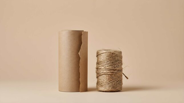 Natural Kraft Paper Roll with Torn Edge and Jute Twine Spool Arranged on Minimalist Beige Background