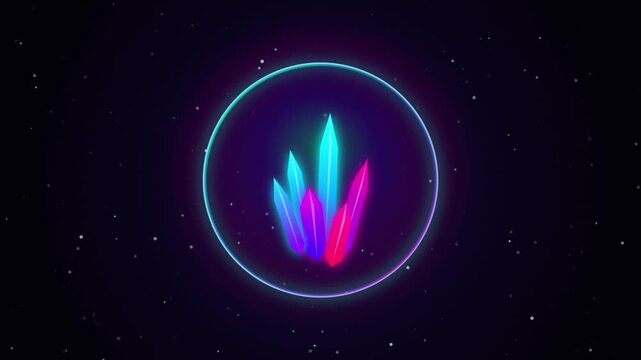 Abstract glowing crystal cluster surrounded by a neon circular ring in a starry cosmic space environment