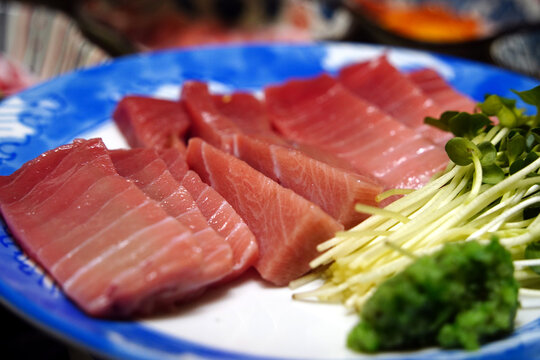 Premium bluefin tuna sashimi slices served on a blue pattern plate