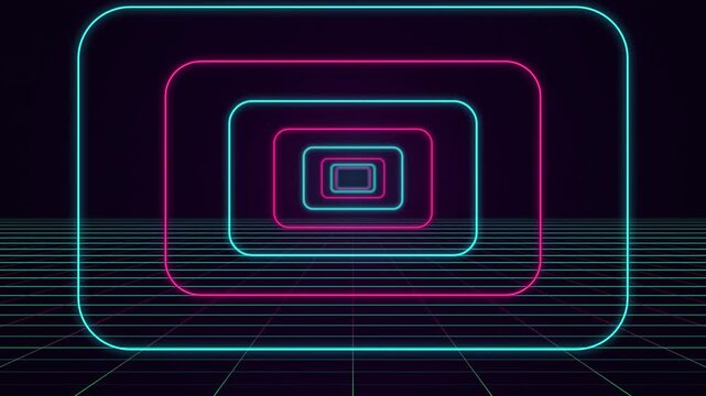 Abstract neon tunnel background with glowing pink and blue light frames and perspective grid floor
