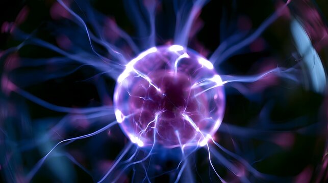 A glowing purple plasma sphere emitting electric arcs against a dark background with vibrant blue and pink energy trails