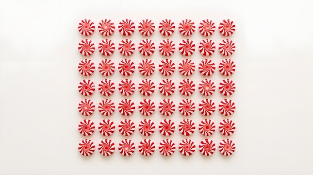 A neat, repeating grid pattern of red and white striped peppermint candies arranged symmetrically on a clean white background.