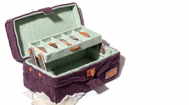 Open ice fishing tackle box with organized tools and accessories  