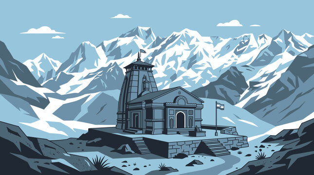 Minimalist Vector Illustration of the Sacred Kedarnath Temple Surrounded by Majestic Himalayan Snow-Capped Mountain Peaks in a Monochromatic Blue Flat Design Style
