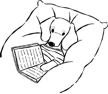 Dachshund Reading Book Outline in Bed Hand Drawn Bookish Dog