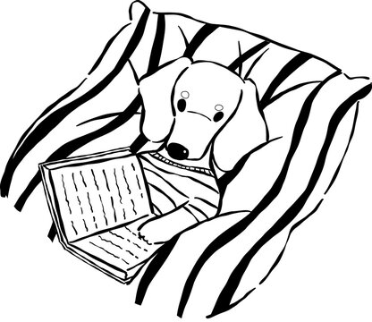 Dachshund Reading Book Outline in Striped Bed Hand Drawn Bookish Dog