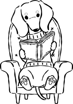 Dachshund Reading Book Outline on Couch Hand Drawn Bookish Dog