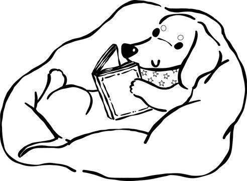Dachshund Reading Book Outline on Bean Bag Hand Drawn Bookish Dog