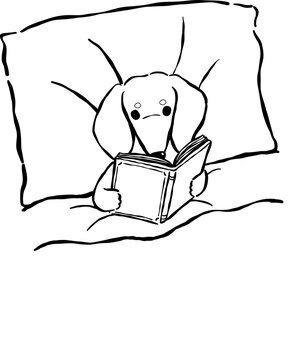 Dachshund Bookish Outline in Bed Hand Drawn Dog Reading Book