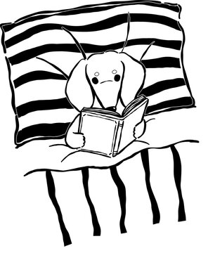 Dachshund Bookish Outline in Striped Bed Hand Drawn Dog Reading Book