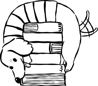 Dachshund Bookish Outline on TBR Stack Books Hand Drawn Bookish Dog Reading Book