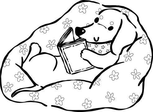 Dachshund Reading Book Outline on Floral Bean Bag Hand Drawn Bookish Dog
