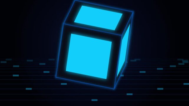 Glowing neon blue cube shape floating above a digital grid lines background