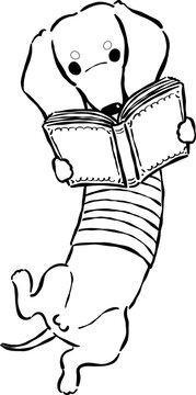 Dachshund Reading Book Outline belly up Hand Drawn Bookish Dog Bookish 