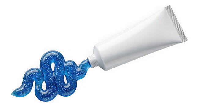 Blue glitter gel toothpaste squeezed from a tube isolated on transparent background