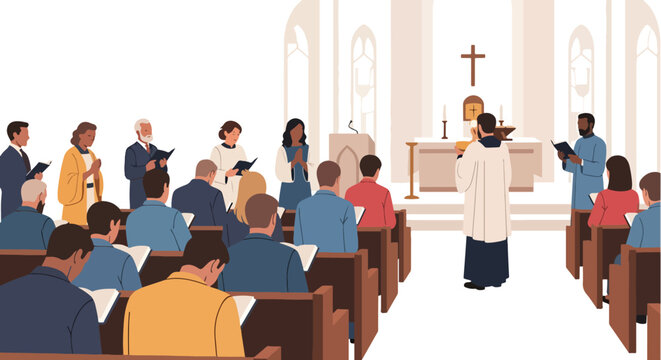 Church service vector illustration depicting people of diverse backgrounds attending a religious gathering, praying, singing, and listening to the priest during a sermon