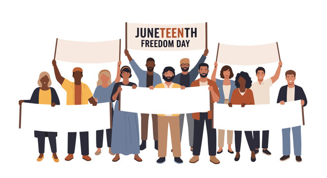 Juneteenth Freedom Day vector illustration of diverse people holding banners, celebrating emancipation and equality, promoting unity and cultural heritage, and commemorating history