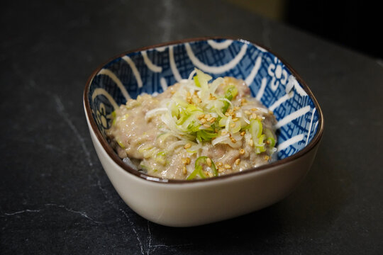 Traditional japanese negitoro don featuring minced tuna belly with green onions