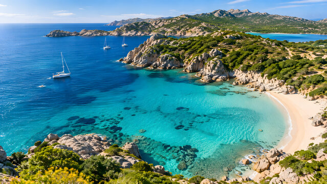 Aerial View of Stunning Ira Beach in Sardinia, Turquoise Mediterranean Sea and Beautiful Beaches on Italy&rsquo;s Emerald Coast